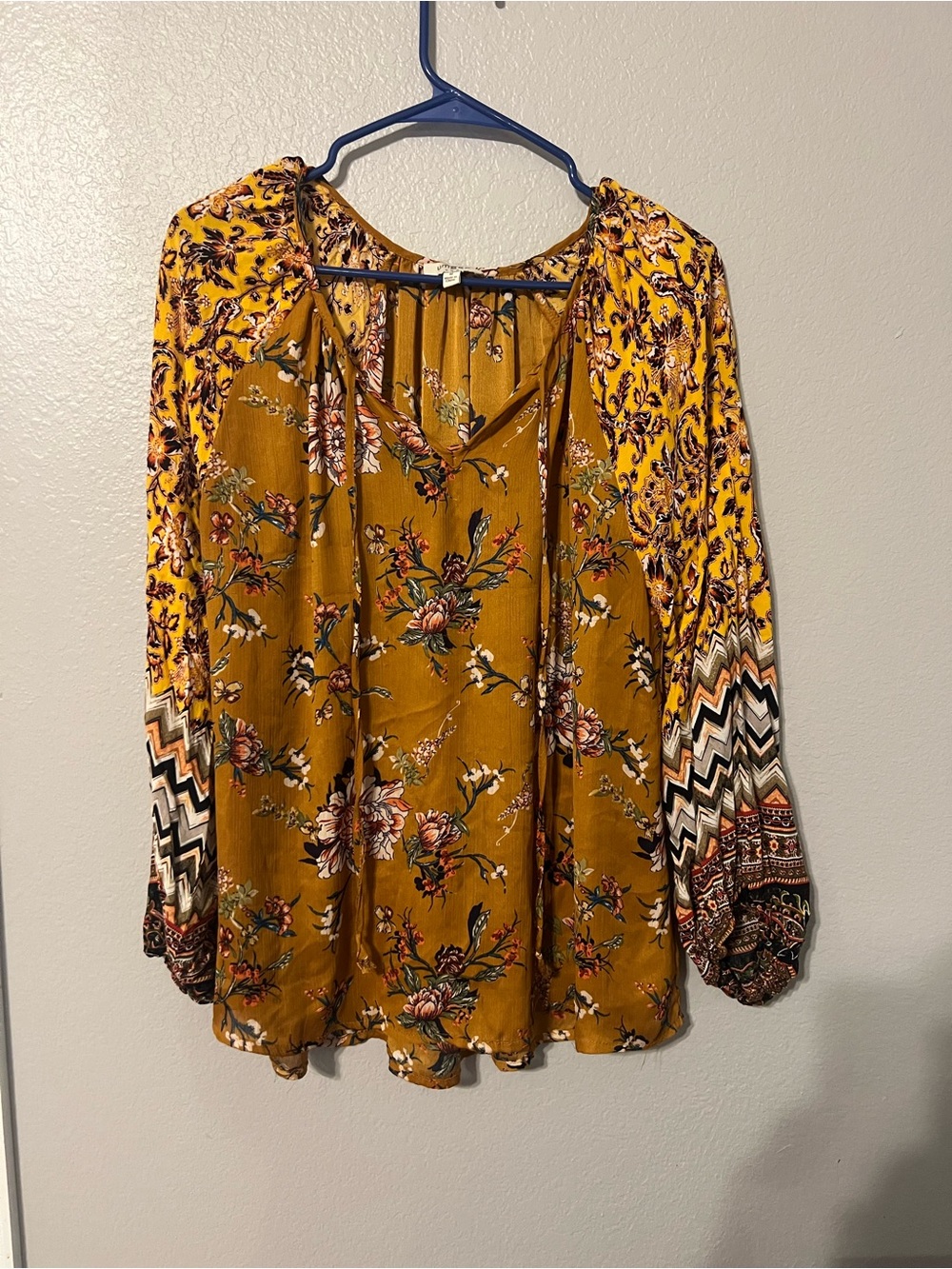 Umgee Mustard Floral Mixed-Print V-Neck Blouse